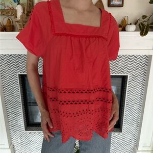 Madewell Coral Square Neck Eyelet Blouse